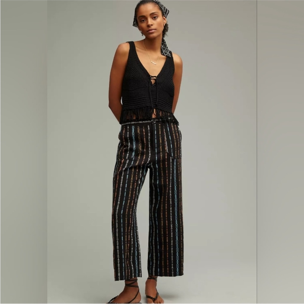 Anthropologie size 2 The Dobby Flare Pants Linen Blend Black Multicolor Wide leg